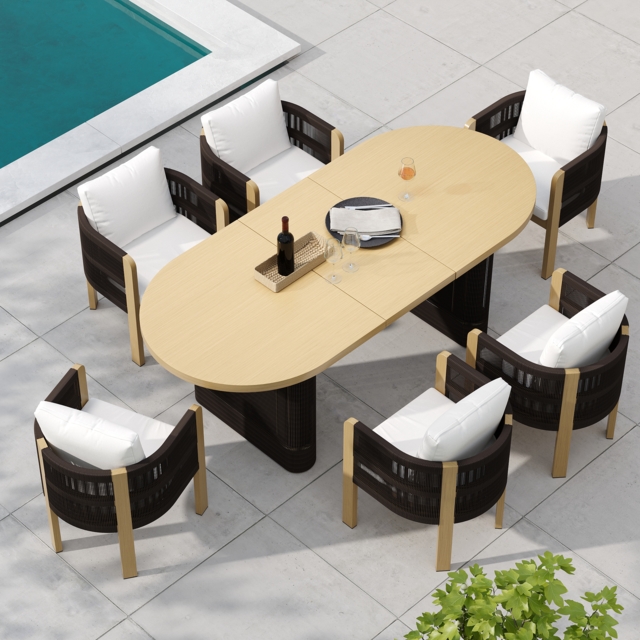 7 PCS Outdoor Extendable Dining Set, Farmhouse Style Extendable Outdoor & Yard Dining Table Set with 6 Woven Armchairs for 4 to 6 Person - image 1