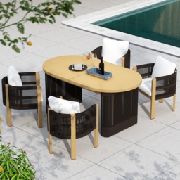 7 PCS Outdoor Extendable Dining Set, Farmhouse Style Extendable Outdoor & Yard Dining Table Set with 6 Woven Armchairs for 4 to 6 Person - thumbnail 3