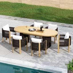 7 PCS Outdoor Extendable Dining Set, Farmhouse Style Extendable Outdoor & Yard Dining Table Set with 6 Woven Armchairs for 4 to 6 Person - thumbnail 2