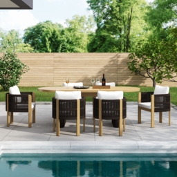 7 PCS Outdoor Extendable Dining Set, Farmhouse Style Extendable Outdoor & Yard Dining Table Set with 6 Woven Armchairs for 4 to 6 Person - thumbnail 6