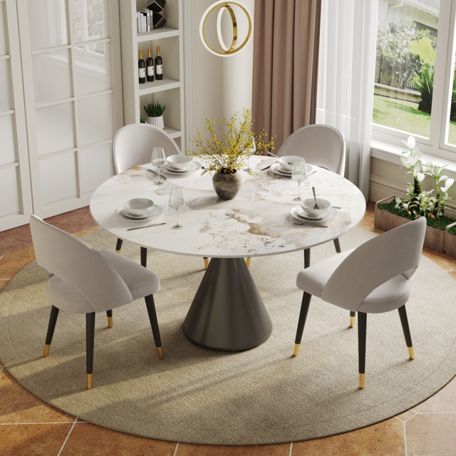 Modern 120 cm Round Glossy Sintered Stone Dining Table with Black Pedestal Base, Seats 4 - image 1