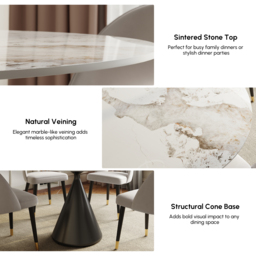 Modern 120cm Round Glossy Sintered Stone Dining Table with Black Pedestal Base, Seats 4 - thumbnail 5