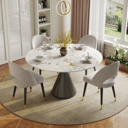 Modern 120cm Round Glossy Sintered Stone Dining Table with Black Pedestal Base, Seats 4