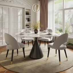 Modern 120cm Round Glossy Sintered Stone Dining Table with Black Pedestal Base, Seats 4 - thumbnail 2