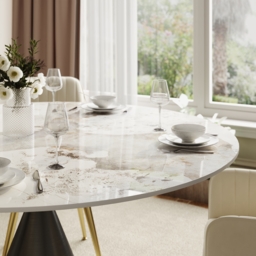 Modern 120cm Round Glossy Sintered Stone Dining Table with Black Pedestal Base, Seats 4 - thumbnail 8
