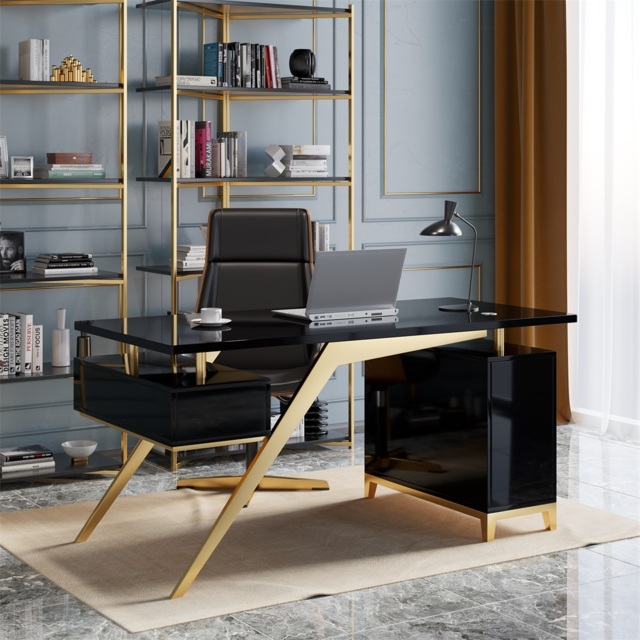 Hungled 1400mm Modern Black & Gold Office Wooden Writing Desk with Storage File Cabinet - image 1