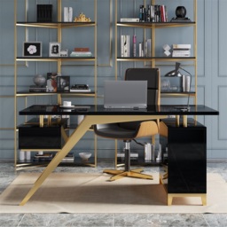 Hungled 1400mm Modern Black & Gold Office Wooden Writing Desk with Storage File Cabinet - thumbnail 2
