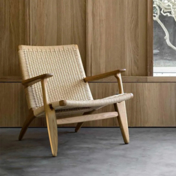 Japandi Solid Wood Outdoor Patio Lounge Chair Armchair Kraft Paper Rope Woven Seat - thumbnail 1
