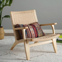 Japandi Solid Wood Outdoor Patio Lounge Chair Armchair Kraft Paper Rope Woven Seat - thumbnail 3