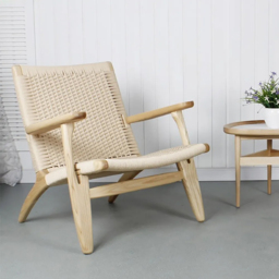 Japandi Solid Wood Outdoor Patio Lounge Chair Armchair Kraft Paper Rope Woven Seat - thumbnail 2