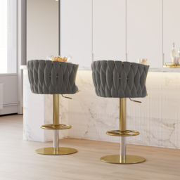 Sweave Set of 2 Grey Swivel Bar Stools Velvet Curved Back Adjustable Height - thumbnail 3