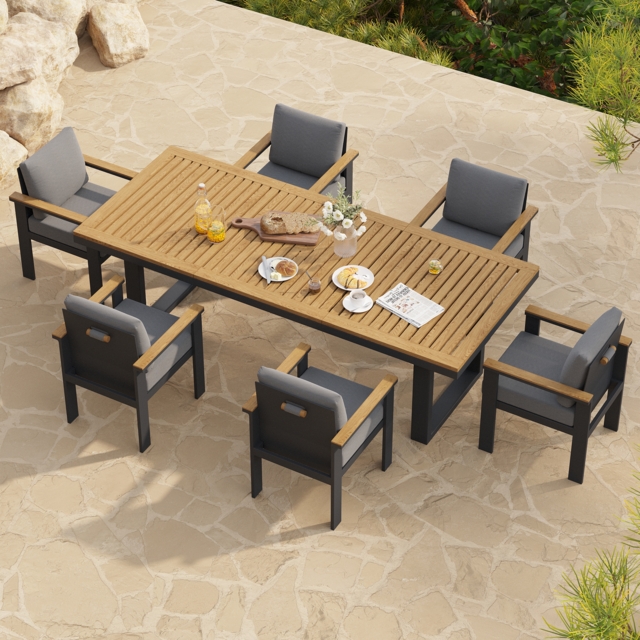 Rectangle Teak Wood & Aluminium Outdoor Patio Dining Table Modern Yard & Patio Furniture for 6 - 8 Person Teak & Aluminium Outdoor Dining Chair - image 1