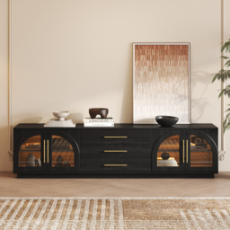 Arune Mid Century Modern Black TV Stand with LED Lights and Arched Glass Cabinet Doors - thumbnail 2
