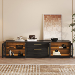 Arune Mid Century Modern Black TV Stand with LED Lights and Arched Glass Cabinet Doors - thumbnail 3