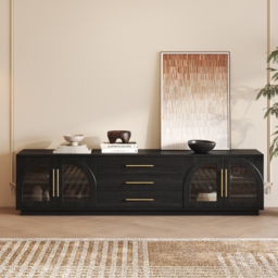 Arune Mid Century Modern Black TV Stand with LED Lights and Arched Glass Cabinet Doors - thumbnail 6