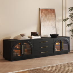 Arune Mid Century Modern Black TV Stand with LED Lights and Arched Glass Cabinet Doors