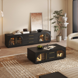 Arune Mid Century Modern Black TV Stand with LED Lights and Arched Glass Cabinet Doors - thumbnail 4