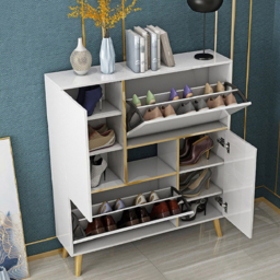 White Modern Shoe Storage Cabinet 17-Pair 2 Doors with Shelves & Pull-Down Drawers - thumbnail 4