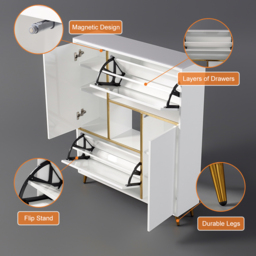 White Modern Shoe Storage Cabinet 17-Pair 2 Doors with Shelves & Pull-Down Drawers - thumbnail 6