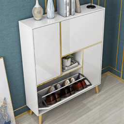 White Modern Shoe Storage Cabinet 17-Pair 2 Doors with Shelves & Pull-Down Drawers - thumbnail 3