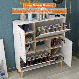 White Modern Shoe Storage Cabinet 17-Pair 2 Doors with Shelves & Pull-Down Drawers - thumbnail 8