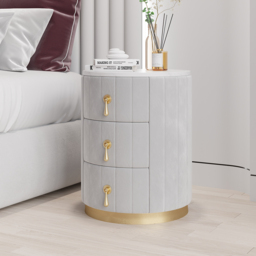 Sintered Stone Top 3-Drawer Round Velvet Nightstand Set of 2 - thumbnail 3