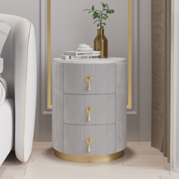 Sintered Stone Top 3-Drawer Round Velvet Nightstand Set of 2