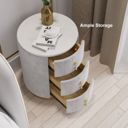 Sintered Stone Top 3-Drawer Round Velvet Nightstand Set of 2 - thumbnail 4