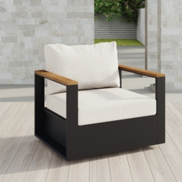 Tevara Teak & Aluminium Outdoor Swivel Chair Modern Yard & Patio Furniture in Beige Cushion Included - thumbnail 2
