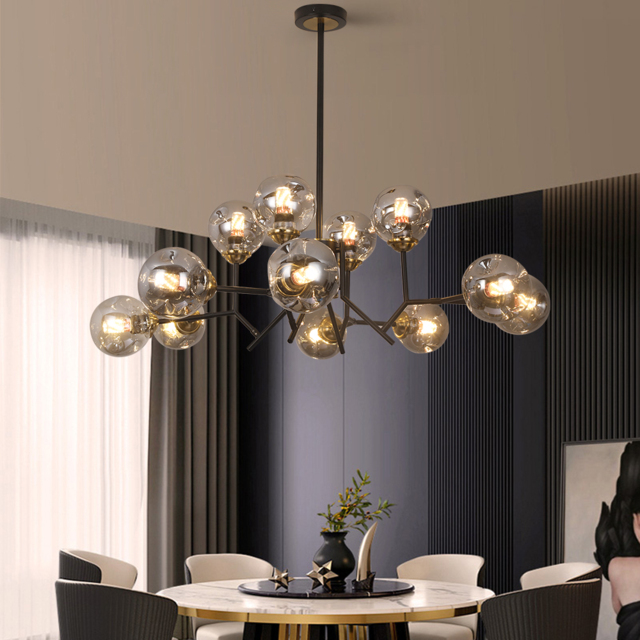 Modern Linear 12-Light Kitchen Island Light Black Chandelier with Globe Glass Shade Pendant Lighting - image 1