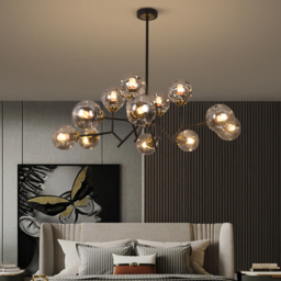 Modern Linear 12-Light Kitchen Island Light Black Chandelier with Globe Glass Shade Pendant Lighting - thumbnail 5