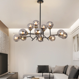 Modern Linear 12-Light Kitchen Island Light Black Chandelier with Globe Glass Shade Pendant Lighting - thumbnail 3
