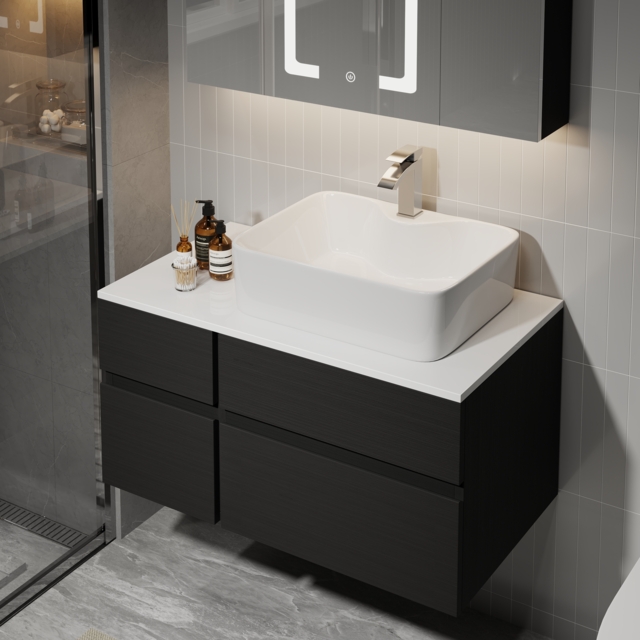 80 cm Black & White Floating Bathroom Vanity Faux Marble Top Ceramic Countertop Basin - image 1