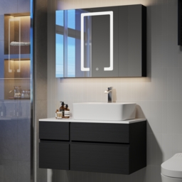 80 cm Black & White Floating Bathroom Vanity Faux Marble Top Ceramic Countertop Basin - thumbnail 3
