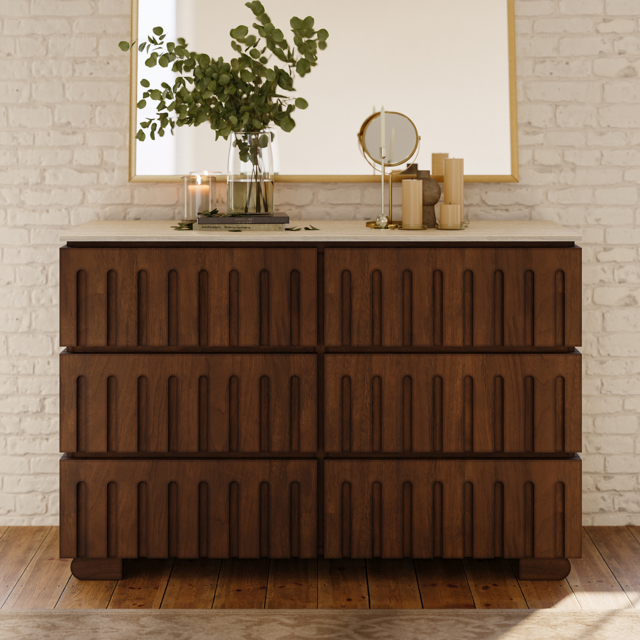 Florva Modern 47” Ash Wood 6 Drawer Dresser with Faux Travertine Sintered Stone Top - image 1