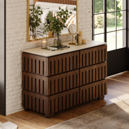 Florva Modern 47” Ash Wood 6 Drawer Dresser with Faux Travertine Sintered Stone Top - thumbnail 2