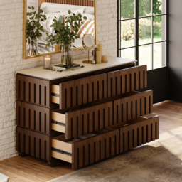Florva Modern 47” Ash Wood 6 Drawer Dresser with Faux Travertine Sintered Stone Top - thumbnail 3