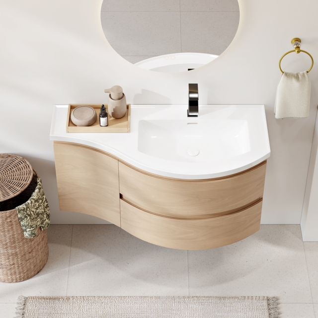 900mm Floating Curved Bathroom Vanity Natural Right Offset Single Sink Bathroom Cabinet - image 1