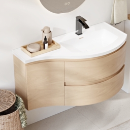 900mm Floating Curved Bathroom Vanity Natural Right Offset Single Sink Bathroom Cabinet - thumbnail 2