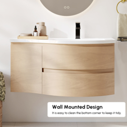900mm Floating Curved Bathroom Vanity Natural Right Offset Single Sink Bathroom Cabinet - thumbnail 7