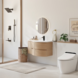 900mm Floating Curved Bathroom Vanity Natural Right Offset Single Sink Bathroom Cabinet - thumbnail 9