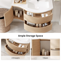 900mm Floating Curved Bathroom Vanity Natural Right Offset Single Sink Bathroom Cabinet - thumbnail 3