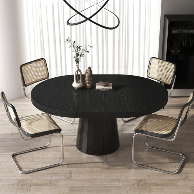 Japandi 100 – 140 cm  Extendable Dining Table for 6 Person Black Oval & Round Wood Table Pedestal - image 1