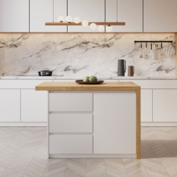 1270 mm Large White & Natural Kitchen Island with Storage Kitchen Cabinet Marble Veneered Top - thumbnail 9