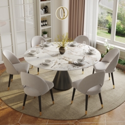 Modern 152 cm Round Glossy Sintered Stone Dining Table with Black Pedestal Base, Seats 6 - thumbnail 1