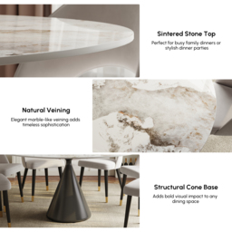Modern 152 cm Round Glossy Sintered Stone Dining Table with Black Pedestal Base, Seats 6 - thumbnail 5