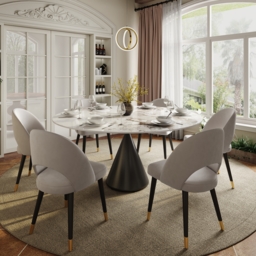Modern 152 cm Round Glossy Sintered Stone Dining Table with Black Pedestal Base, Seats 6 - thumbnail 3