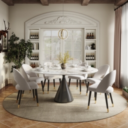 Modern 152 cm Round Glossy Sintered Stone Dining Table with Black Pedestal Base, Seats 6 - thumbnail 2