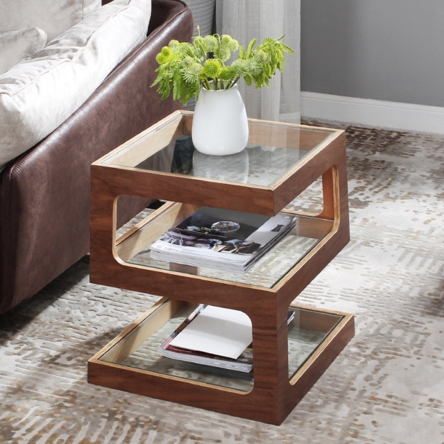 Modern Glass Side Table with 3 Tiers S-shaped End Table in Walnut - image 1