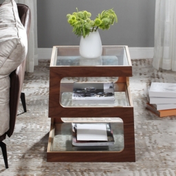 Modern Glass Side Table with 3 Tiers S-shaped End Table in Walnut - thumbnail 5